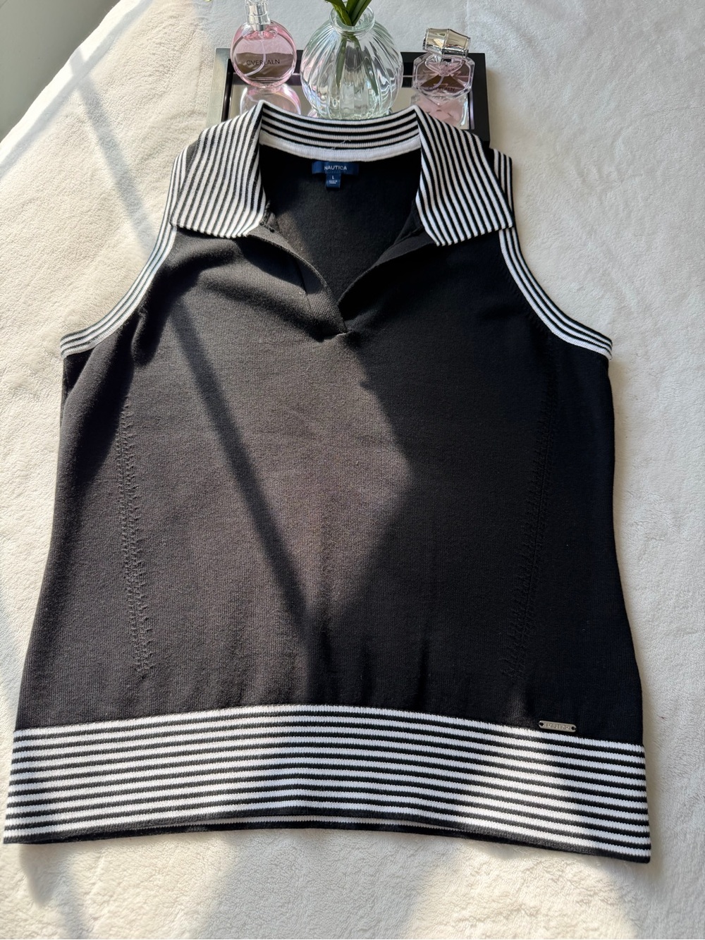 Nautica Black Sleeveless V-Neck Sweater with White Striped Trim